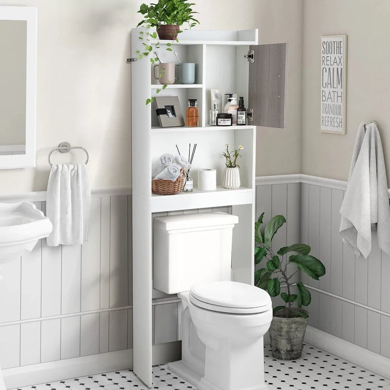 Meuble de rangement WC blanc et gris rustique avec 4 étagères et porte, assemblage par 1 personne