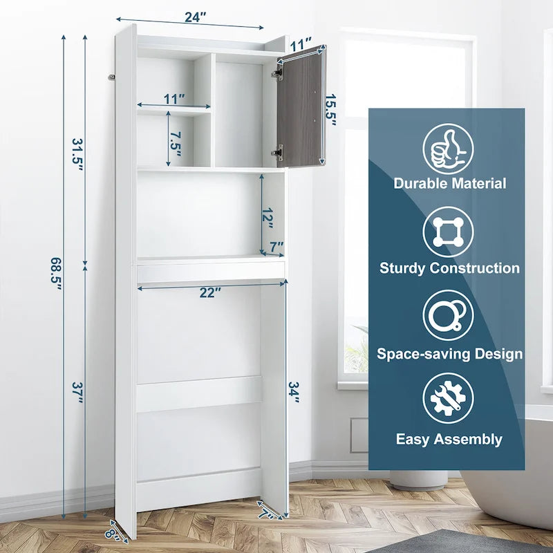 Meuble de rangement WC blanc et gris rustique avec 4 étagères et porte, assemblage par 1 personne