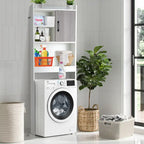 Meuble de rangement WC blanc et gris rustique avec 4 étagères et porte, assemblage par 1 personne