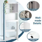 Meuble de rangement WC blanc et gris rustique avec 4 étagères et porte, assemblage par 1 personne