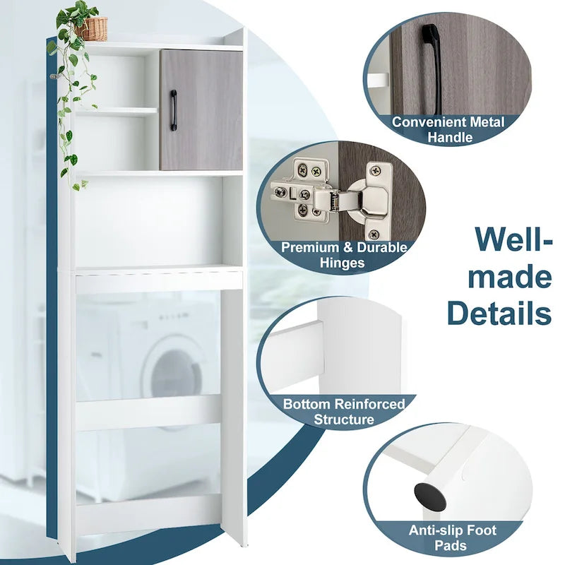 Meuble de rangement WC blanc et gris rustique avec 4 étagères et porte, assemblage par 1 personne