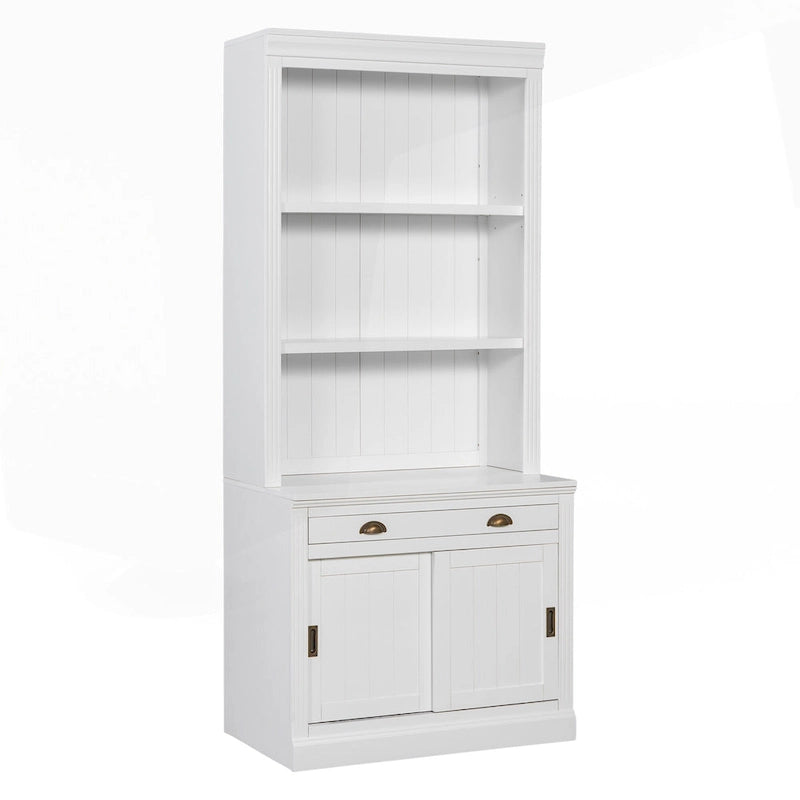 Bibliothèque moderne blanche avec portes coulissantes, éclairage LED, 1 tiroir – Assemblage par 2 ou 3 personnes