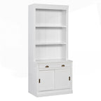 Bibliothèque moderne blanche avec portes coulissantes, éclairage LED, 1 tiroir – Assemblage par 2 ou 3 personnes