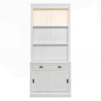 Bibliothèque moderne blanche avec portes coulissantes, éclairage LED, 1 tiroir – Assemblage par 2 ou 3 personnes