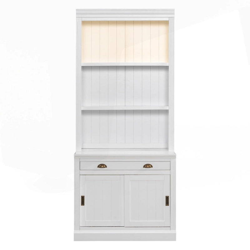 Bibliothèque moderne blanche avec portes coulissantes, éclairage LED, 1 tiroir – Assemblage par 2 ou 3 personnes