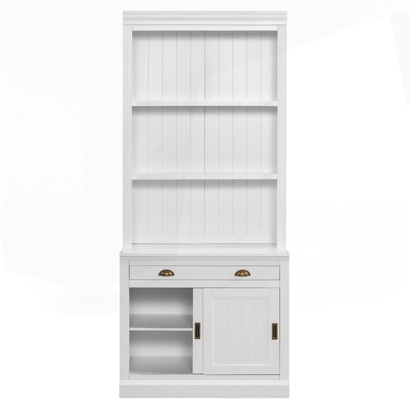 Bibliothèque moderne blanche avec portes coulissantes, éclairage LED, 1 tiroir – Assemblage par 2 ou 3 personnes