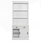 Bibliothèque moderne blanche avec portes coulissantes, éclairage LED, 1 tiroir – Assemblage par 2 ou 3 personnes