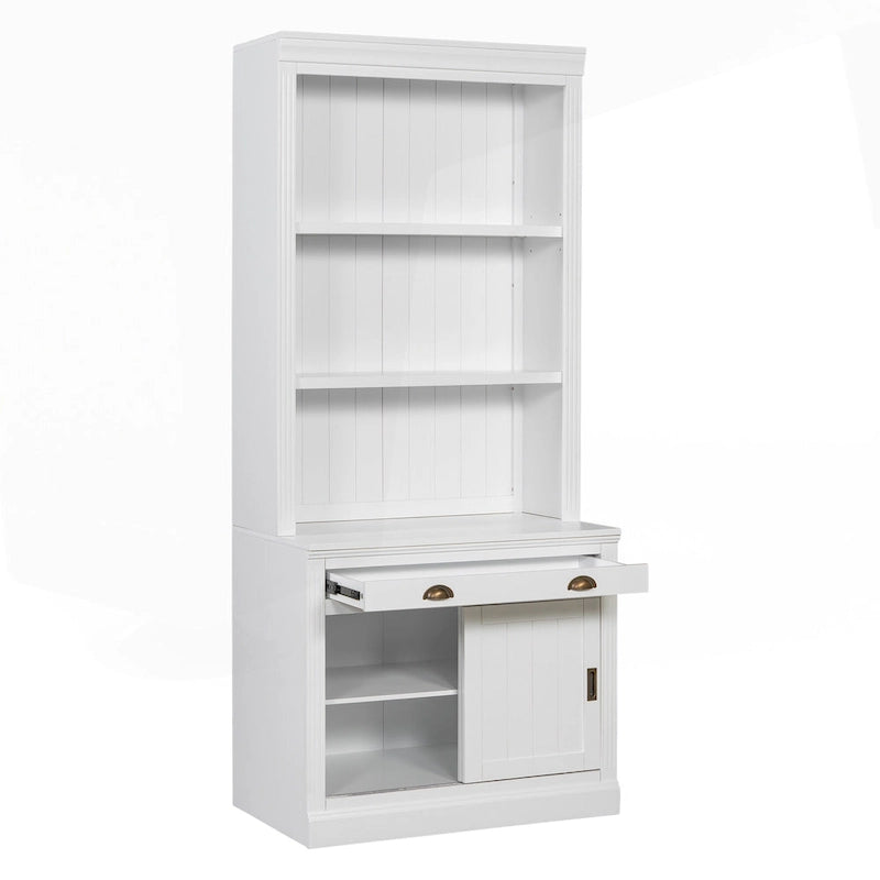 Bibliothèque moderne blanche avec portes coulissantes, éclairage LED, 1 tiroir – Assemblage par 2 ou 3 personnes