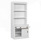 Bibliothèque moderne blanche avec portes coulissantes, éclairage LED, 1 tiroir – Assemblage par 2 ou 3 personnes