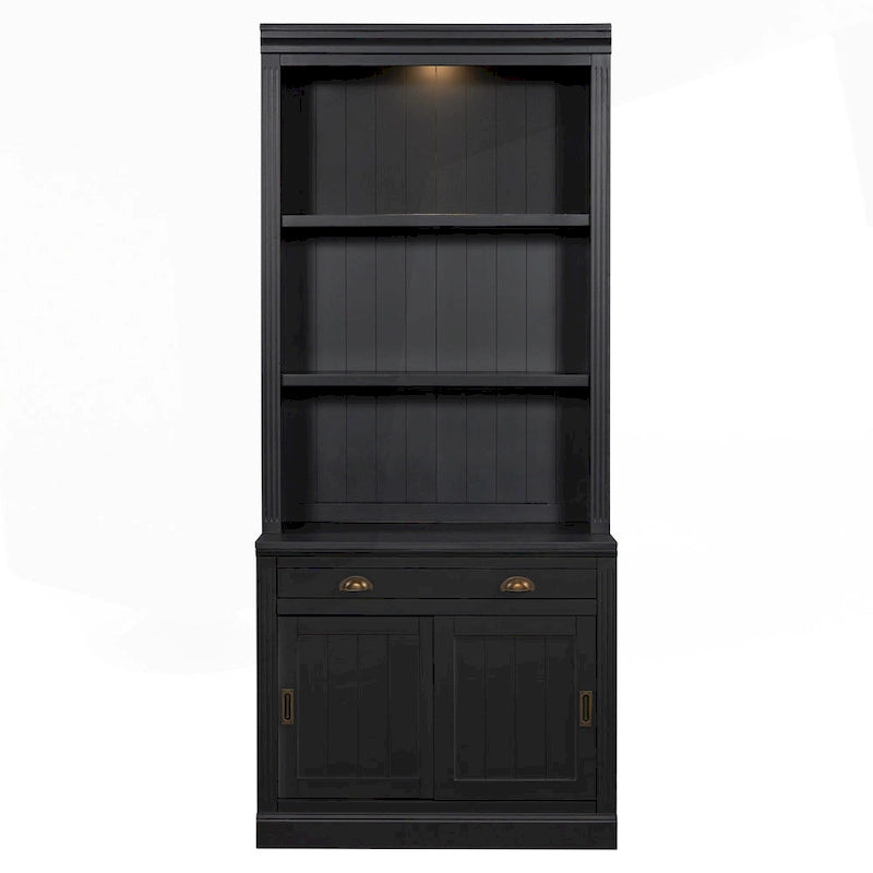 Bibliothèque moderne blanche avec portes coulissantes, éclairage LED, 1 tiroir – Assemblage par 2 ou 3 personnes