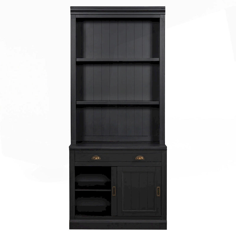 Bibliothèque moderne blanche avec portes coulissantes, éclairage LED, 1 tiroir – Assemblage par 2 ou 3 personnes