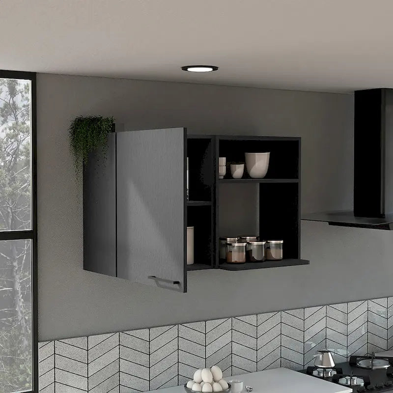 Meuble Haut avec 1 Porte et Étagères Ouvertes, Blanc ou Noir