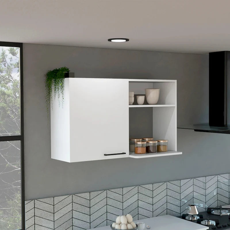 Meuble Haut avec 1 Porte et Étagères Ouvertes, Blanc ou Noir