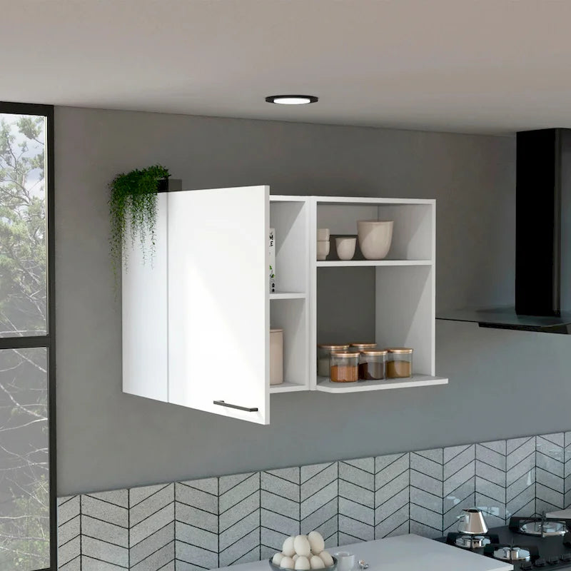 Meuble Haut avec 1 Porte et Étagères Ouvertes, Blanc ou Noir