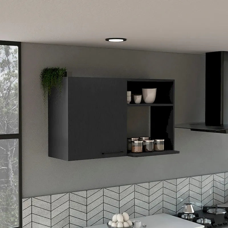 Meuble Haut avec 1 Porte et Étagères Ouvertes, Blanc ou Noir