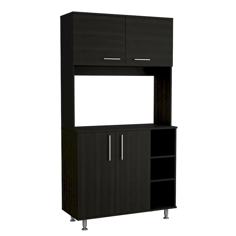 Meuble de garde-manger de cuisine noir/blanc avec 2 armoires supérieures, 3 étagères ouvertes et un rangement à double porte