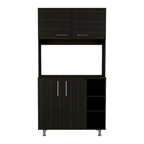 Meuble de garde-manger de cuisine noir/blanc avec 2 armoires supérieures, 3 étagères ouvertes et un rangement à double porte