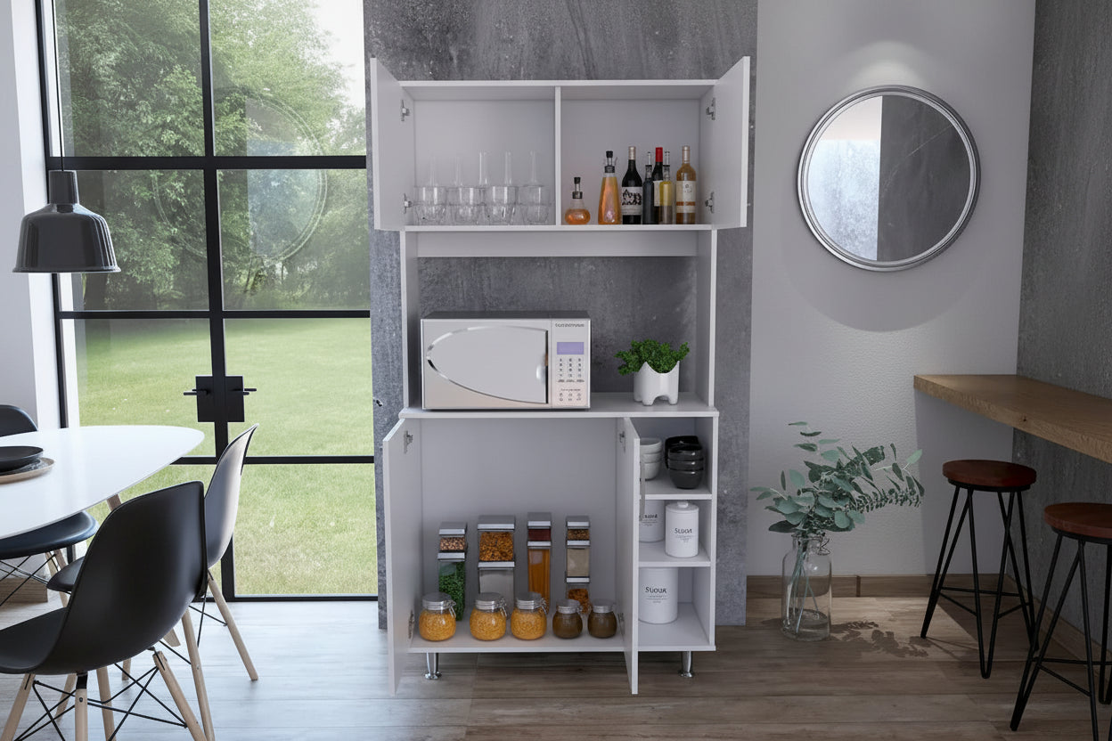 Meuble de garde-manger de cuisine noir/blanc avec 2 armoires supérieures, 3 étagères ouvertes et un rangement à double porte