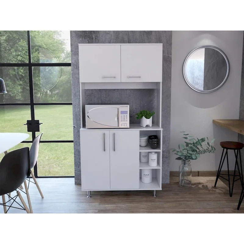 Meuble de garde-manger de cuisine noir/blanc avec 2 armoires supérieures, 3 étagères ouvertes et un rangement à double porte