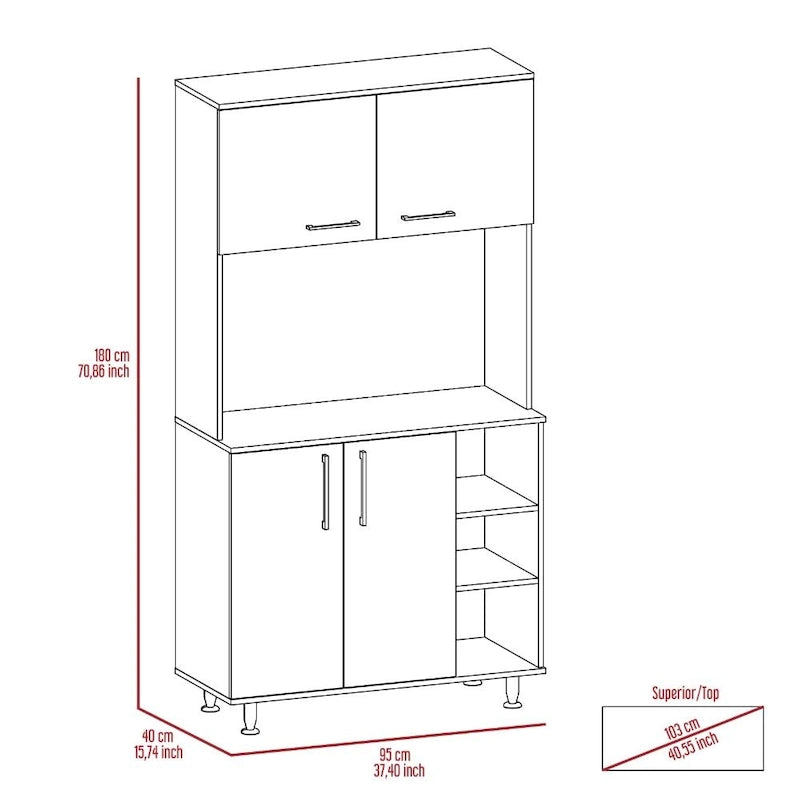 Meuble de garde-manger de cuisine noir/blanc avec 2 armoires supérieures, 3 étagères ouvertes et un rangement à double porte