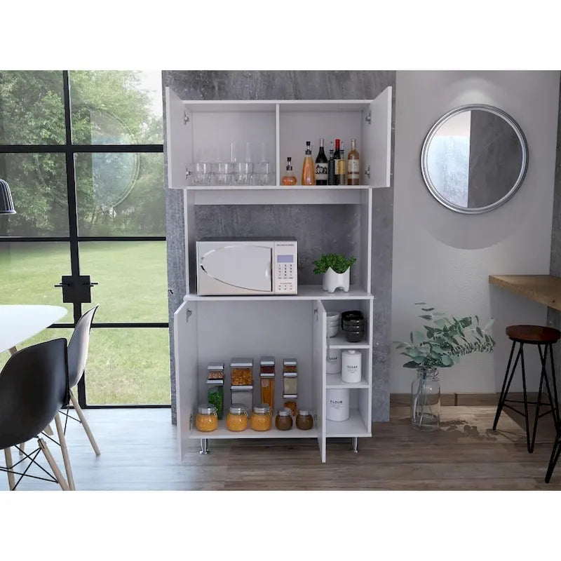 Meuble de garde-manger de cuisine noir/blanc avec 2 armoires supérieures, 3 étagères ouvertes et un rangement à double porte