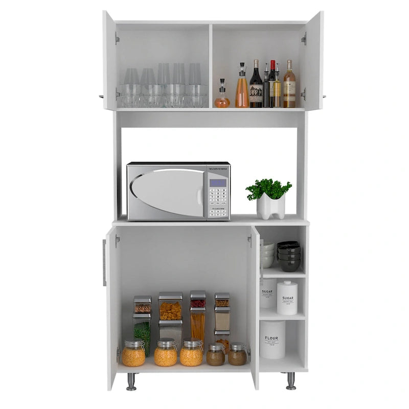 Meuble de garde-manger de cuisine noir/blanc avec 2 armoires supérieures, 3 étagères ouvertes et un rangement à double porte