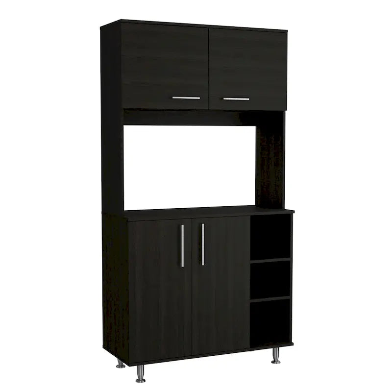 Meuble de garde-manger de cuisine noir/blanc avec 2 armoires supérieures, 3 étagères ouvertes et un rangement à double porte