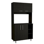 Meuble de garde-manger de cuisine noir/blanc avec 2 armoires supérieures, 3 étagères ouvertes et un rangement à double porte