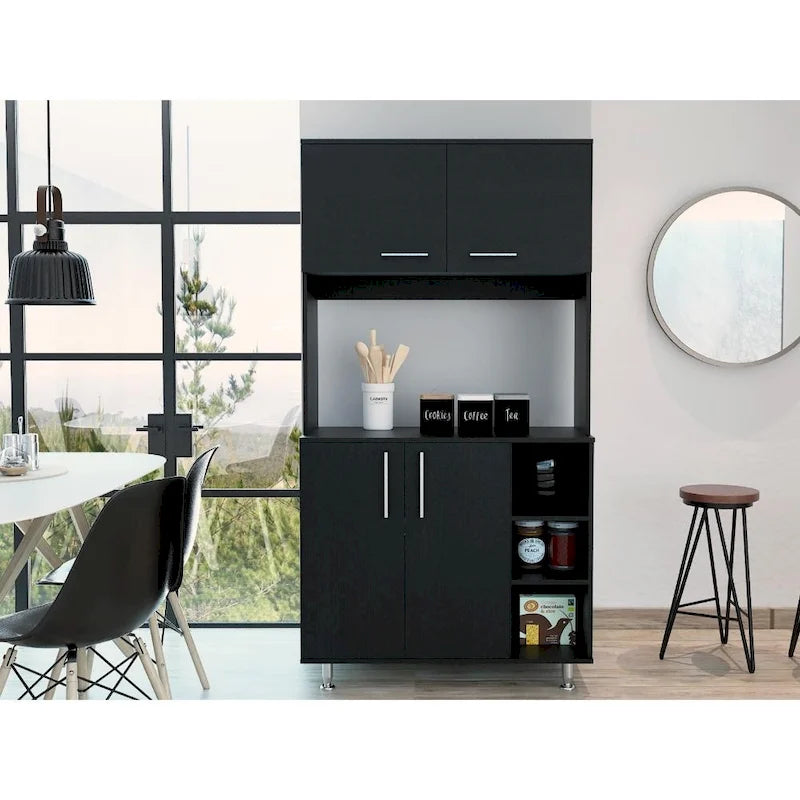 Meuble de garde-manger de cuisine noir/blanc avec 2 armoires supérieures, 3 étagères ouvertes et un rangement à double porte