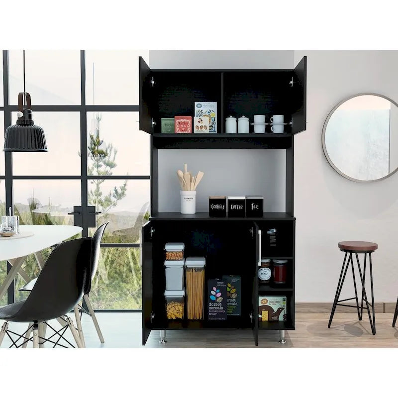 Meuble de garde-manger de cuisine noir/blanc avec 2 armoires supérieures, 3 étagères ouvertes et un rangement à double porte