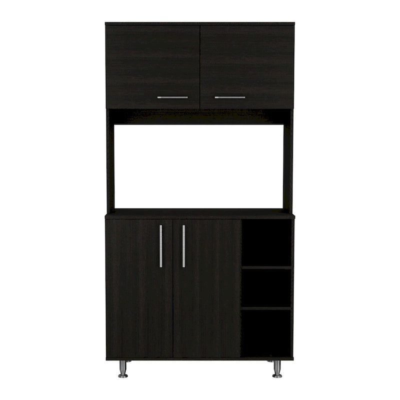 Meuble de garde-manger de cuisine noir/blanc avec 2 armoires supérieures, 3 étagères ouvertes et un rangement à double porte