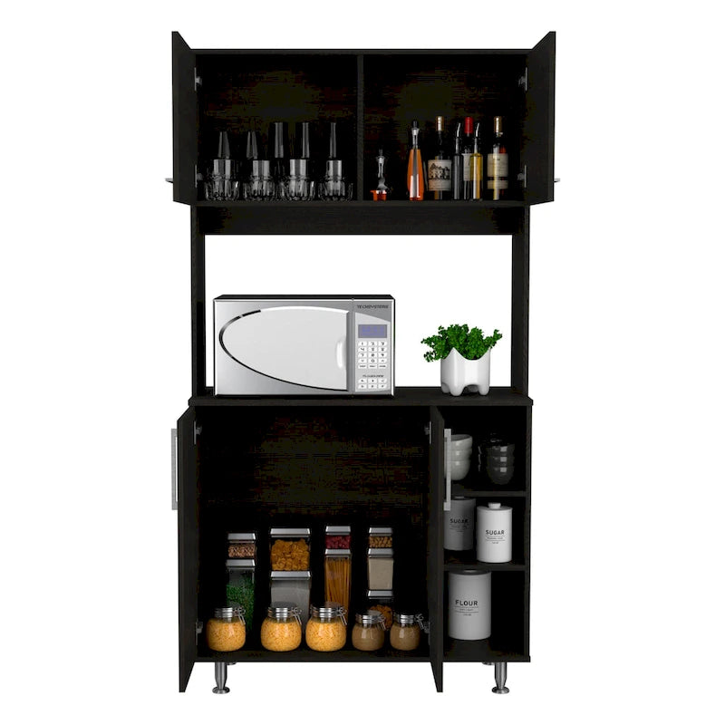 Meuble de garde-manger de cuisine noir/blanc avec 2 armoires supérieures, 3 étagères ouvertes et un rangement à double porte