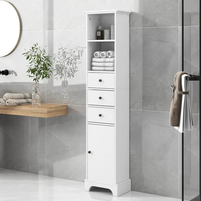 Armoire de rangement haute blanche, finition bois, 2 tiroirs et 1 porte