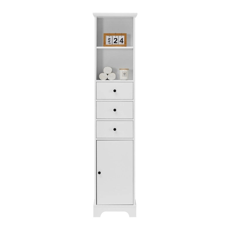 Armoire de rangement haute blanche, finition bois, 2 tiroirs et 1 porte