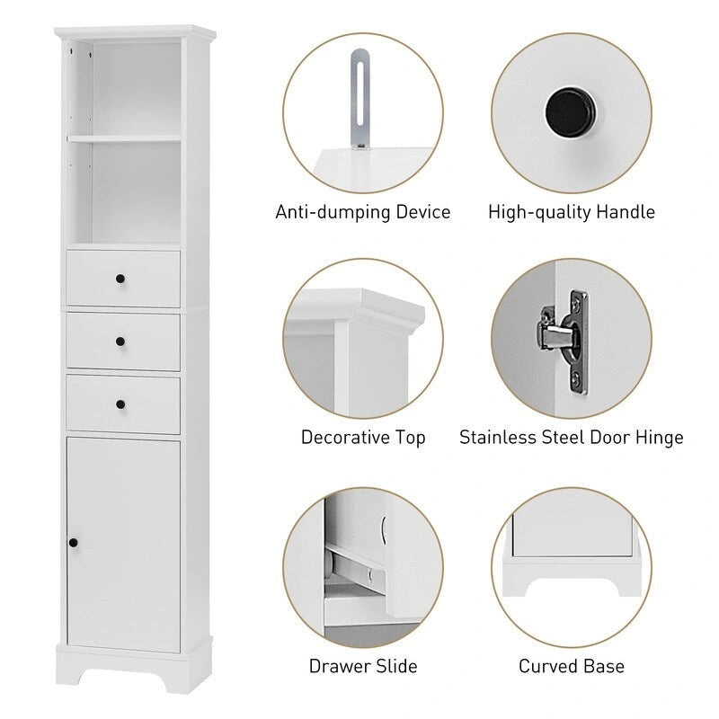 Armoire de rangement haute blanche, finition bois, 2 tiroirs et 1 porte