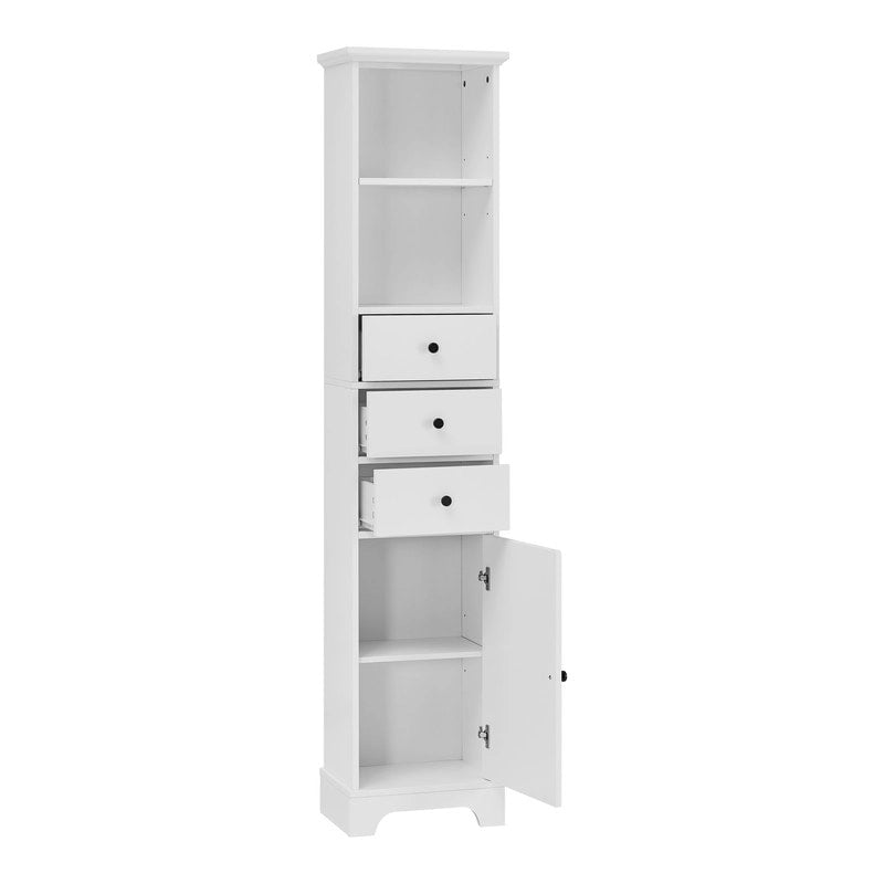 Armoire de rangement haute blanche, finition bois, 2 tiroirs et 1 porte