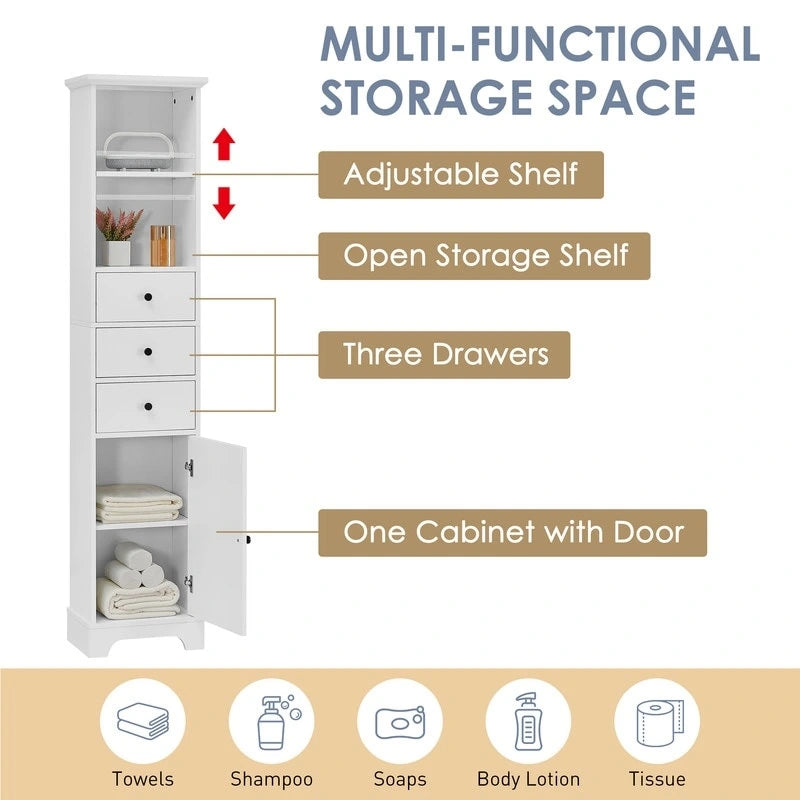 Armoire de rangement haute blanche, finition bois, 2 tiroirs et 1 porte