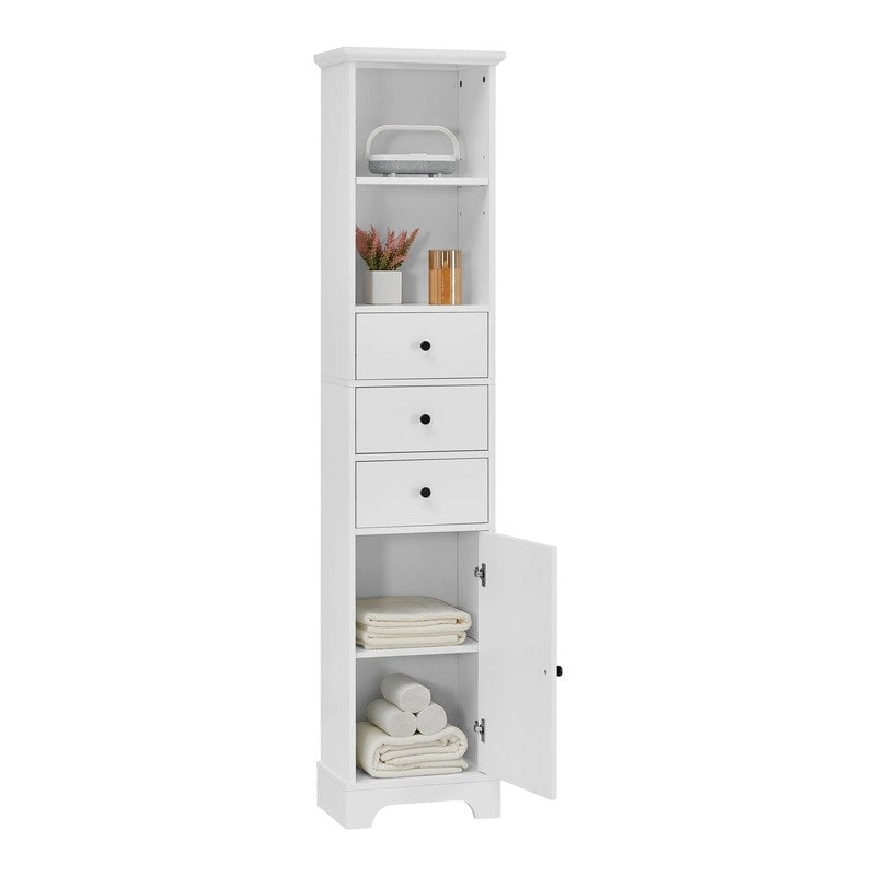Armoire de rangement haute blanche, finition bois, 2 tiroirs et 1 porte