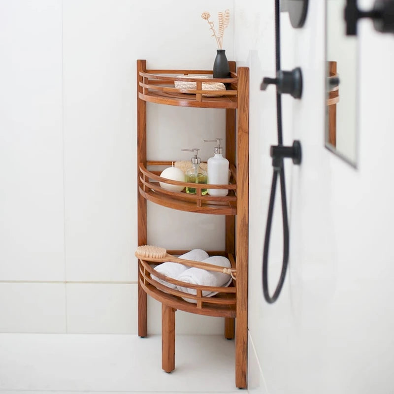 Étagère d'angle en teck teinté marron, 3 tablettes
