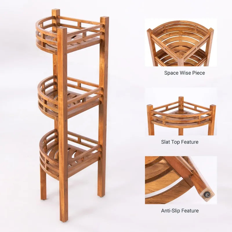 Étagère d'angle en teck teinté marron, 3 tablettes