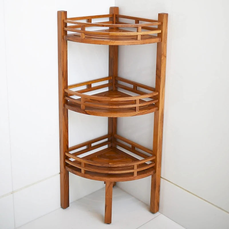 Étagère d'angle en teck teinté marron, 3 tablettes