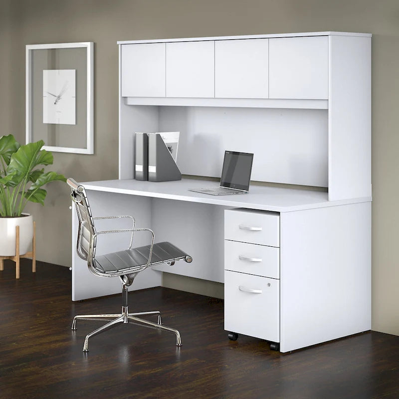 Haut de bureau à 4 portes blanc, unité de rangement supérieure de 183 cm de large pour un seul utilisateur
