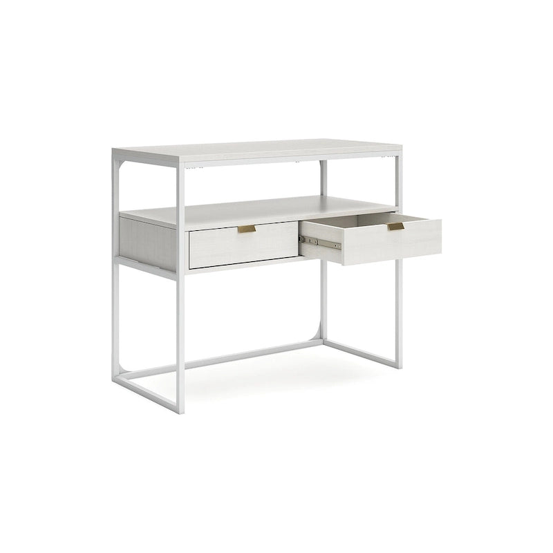 Meuble bas blanc thermolaqué avec 2 tiroirs et étagère ouverte – 91 cm L x 46 cm P x 79 cm H
