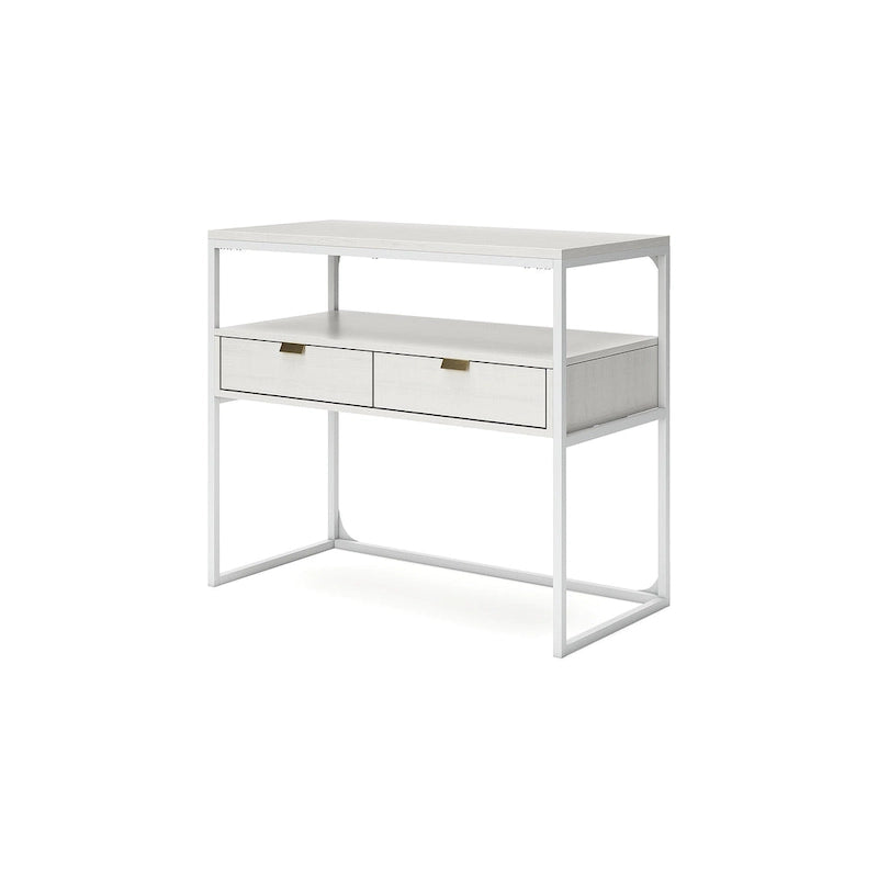 Meuble bas blanc thermolaqué avec 2 tiroirs et étagère ouverte – 91 cm L x 46 cm P x 79 cm H