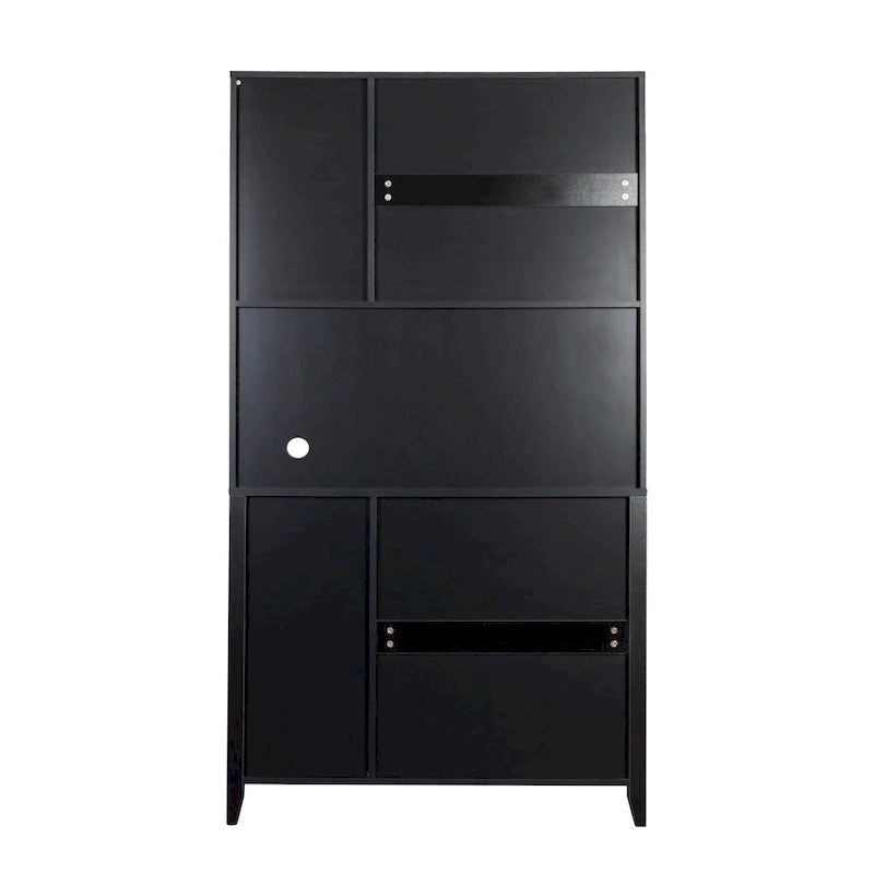 Meuble de cuisine autoportant Noyer / Noir / Blanc avec portes vitrées, tiroirs et étagères ouvertes
