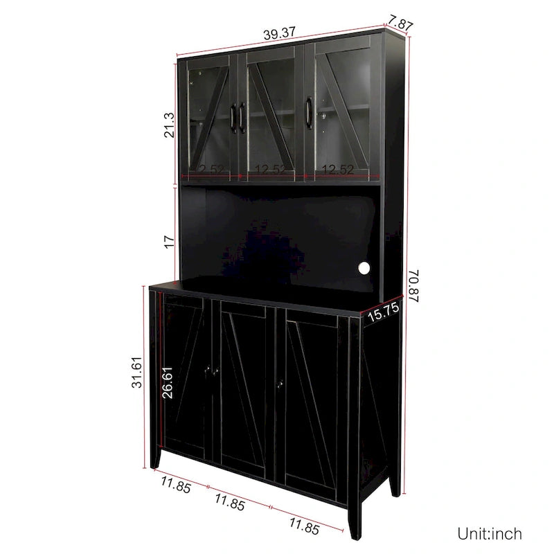 Meuble de cuisine autoportant Noyer / Noir / Blanc avec portes vitrées, tiroirs et étagères ouvertes