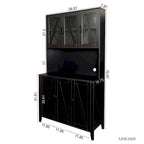 Meuble de cuisine autoportant Noyer / Noir / Blanc avec portes vitrées, tiroirs et étagères ouvertes