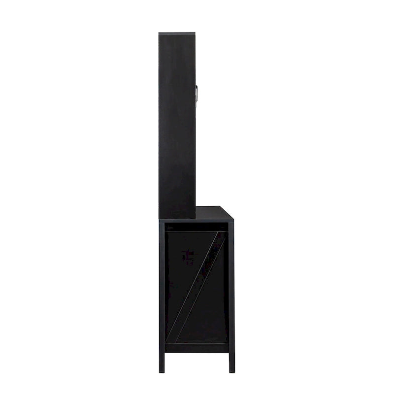 Meuble de cuisine autoportant Noyer / Noir / Blanc avec portes vitrées, tiroirs et étagères ouvertes