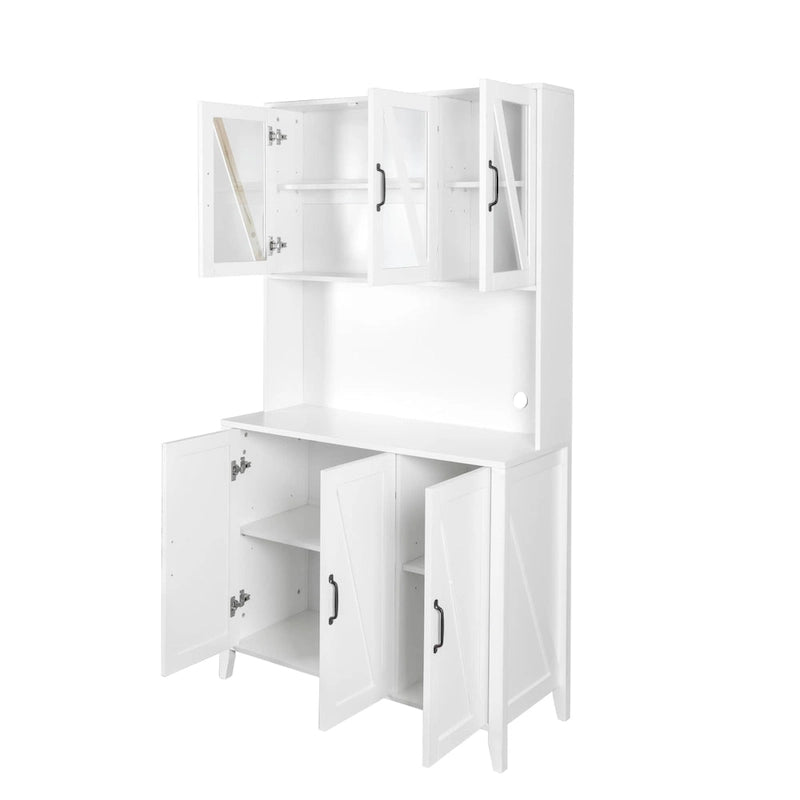 Meuble de cuisine autoportant Noyer / Noir / Blanc avec portes vitrées, tiroirs et étagères ouvertes