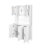 Meuble de cuisine autoportant Noyer / Noir / Blanc avec portes vitrées, tiroirs et étagères ouvertes